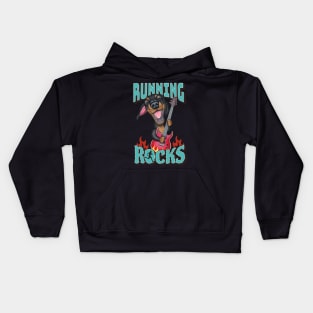 Cute Doxie Dachshund Dog with guitar on Running Rocks tee Kids Hoodie